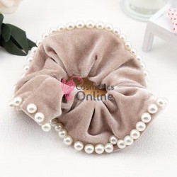 Elastic pentru par Cod ECD007BB din catifea Crem cu perle sidefate